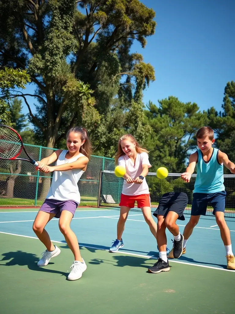 An action shot of a junior tennis tournament, showcasing young players competing and demonstrating their skills.