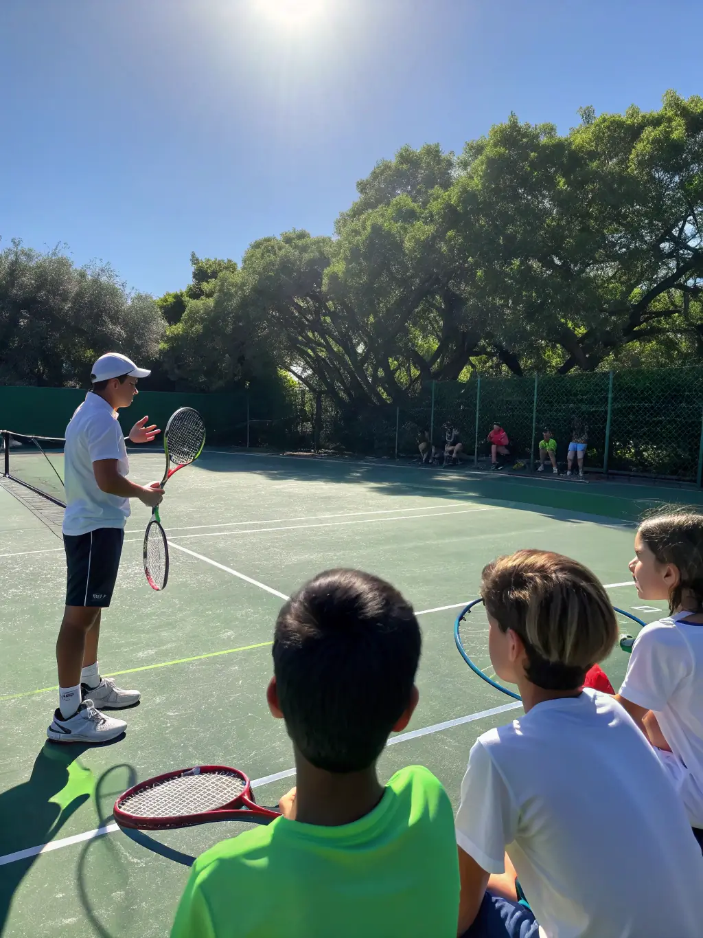A focused image of a senior player receiving personalized coaching from a tennis instructor at RIOM GENTIANE TENNIS CLUB, emphasizing tailored training.