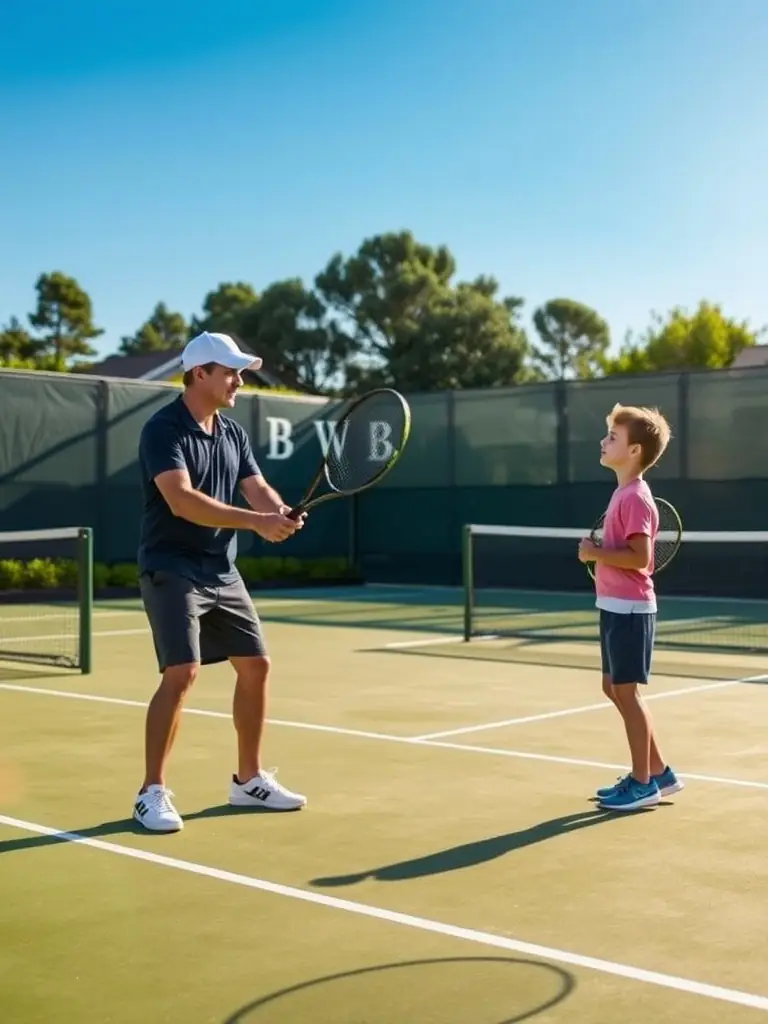 A focused shot of a tennis coach providing personalized instruction to a player, emphasizing skill development and technique refinement.