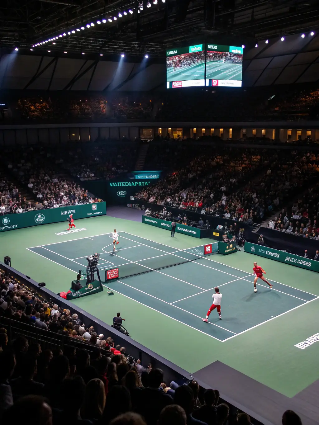 A dynamic shot of adult players engaged in a competitive doubles match on a clay court at RIOM GENTIANE TENNIS CLUB, showcasing their skill, teamwork, and the intensity of the game.