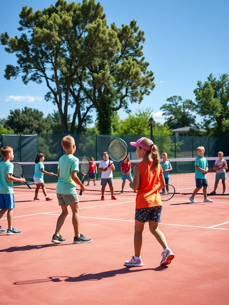 A vibrant image of young children participating in a beginner's tennis lesson at RIOM GENTIANE TENNIS CLUB, focusing on fun and basic skill development.
